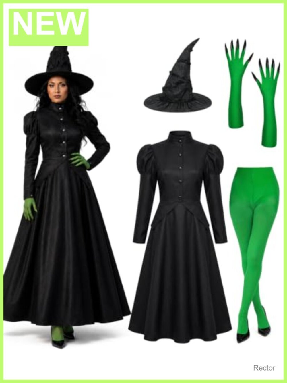 4-Pc Witch Costume Set Dress Hat Gloves Tights Halloween